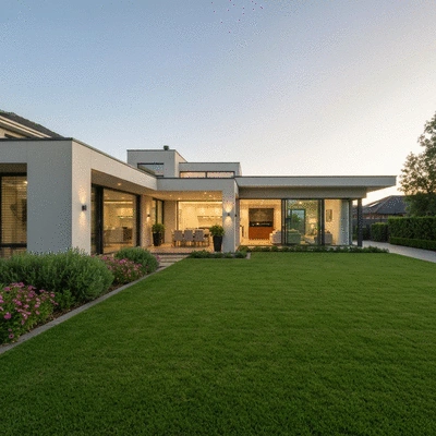 Modern family home with a manicured lawn in a suburban setting