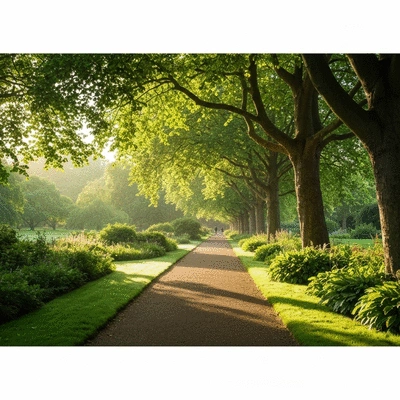 Scenic view of a tree-lined walking path in a lush green park with morning sunlight