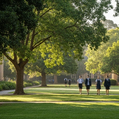 Happy students walking through a leafy school campus in Kew Melbourne