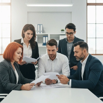 A diverse group of investors reviewing property documents, clean office environment