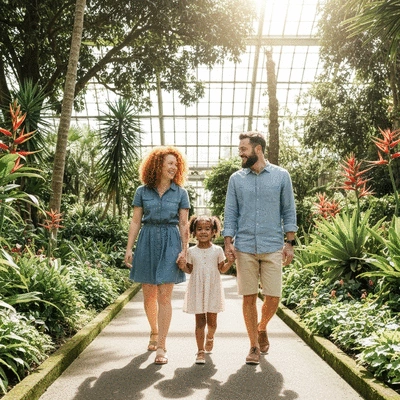 Family walking through lush botanical gardens