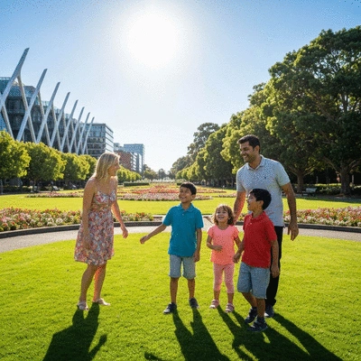 Happy family enjoying a sunny day at a park in Kew, Melbourne, with modern architecture in the background