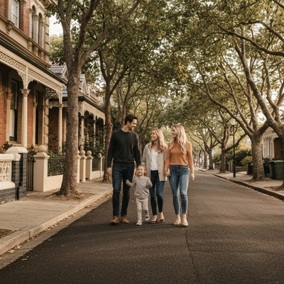 Happy family walking together near a leafy suburban street in Kew