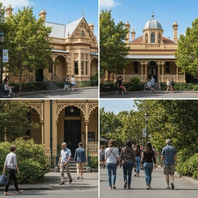 Historic architecture and heritage trail in Kew, Melbourne, with people walking and enjoying the scenery
