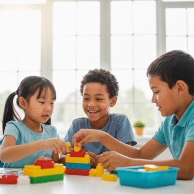 Diverse group of elementary school children engaged in a collaborative learning activity in a bright classroom