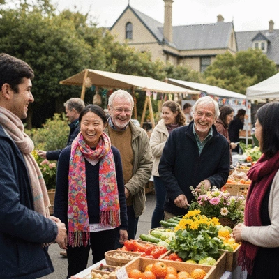 Diverse group of people engaging at a local community event or market in Kew, Melbourne, bright and lively atmosphere, no text, no words, no typography, clean image