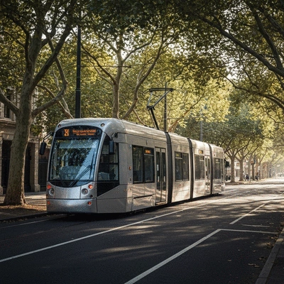 Modern tram passing through a tree-lined Melbourne suburb street