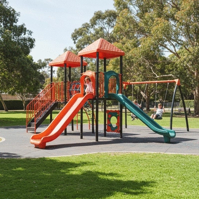 Children playing on modern playground equipment in a sunny park