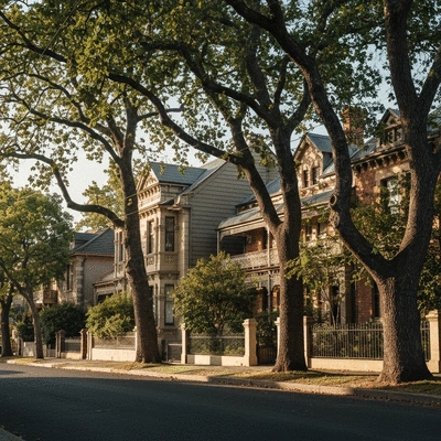 Leafy street in Kew Melbourne with traditional architecture and tall trees