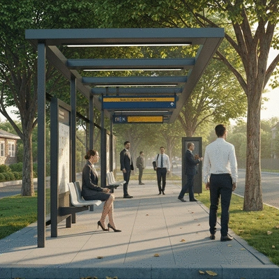 Commuters waiting at a clean modern tram stop in a leafy suburb