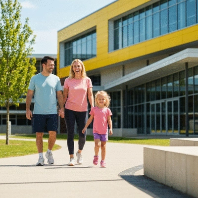 Happy family walking through a modern private school campus in Kew VIC