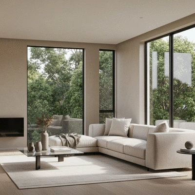 Modern living room with large windows showing green suburban trees in Kew