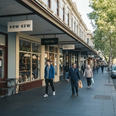 Bustling street scene in Kew, Melbourne, with local shops and cafes, people walking, natural light, no text, no words, no typography, clean image