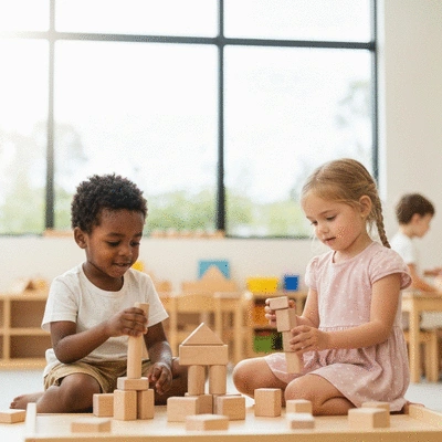 Children playing with wooden blocks in a bright classroom