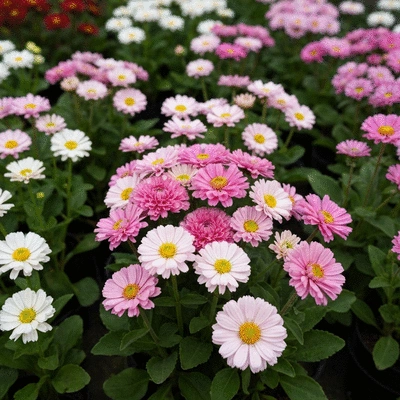 Close-up of vibrant seasonal flowers in a botanical garden setting with soft bokeh background