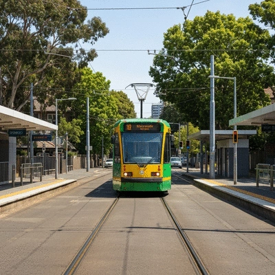 Modern Melbourne tram arriving at a clean station in Kew