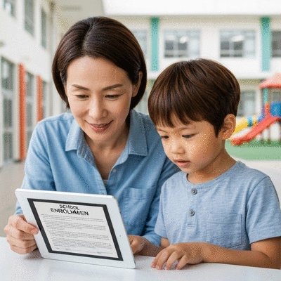 Parent and child reviewing school enrollment documents on a tablet, symbolizing the enrollment process
