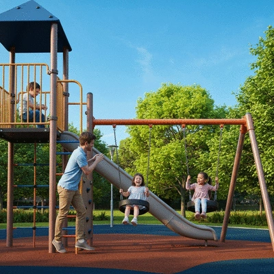 Family with young children enjoying a modern playground in Kew, Melbourne, with green trees and clear sky
