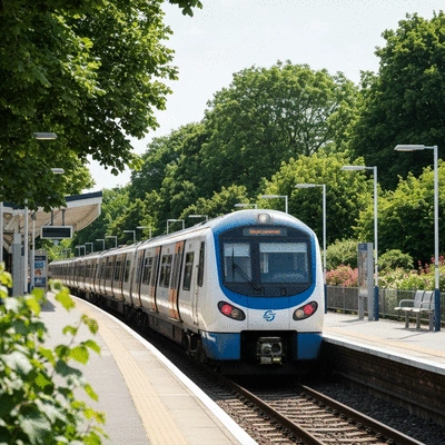 Modern London Underground train at an outdoor station platform with greenery