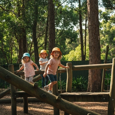 Preschoolers exploring nature in a leafy outdoor garden