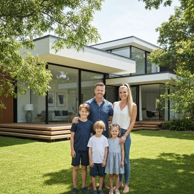 Modern family standing in front of a contemporary house in a green, leafy suburb like Kew, Melbourne
