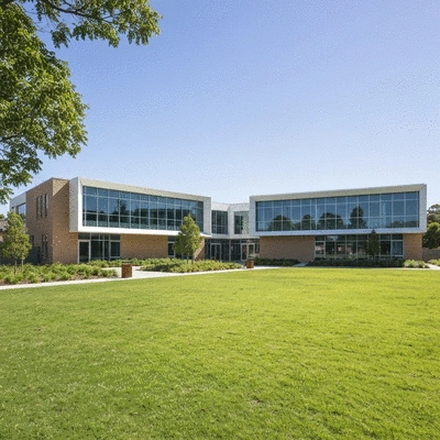 Modern school building exterior with clean landscaping in Kew
