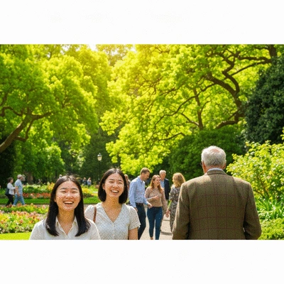 People enjoying a leisurely stroll through a lush green park in Melbourne, sunny day