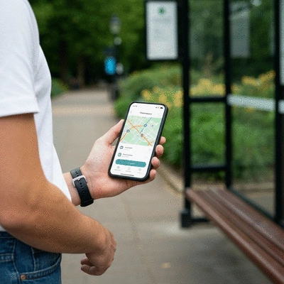 Commuter checking a public transport app on a smartphone at a leafy Kew bus stop