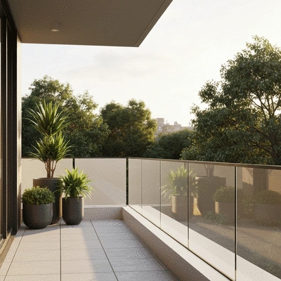 Modern apartment balcony with lush greenery in Kew